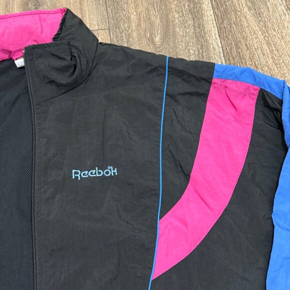 VTG Reebok Track Jacket Women's Large Black Nylon Windbreaker Colorblock 90s - Picture 3 of 11